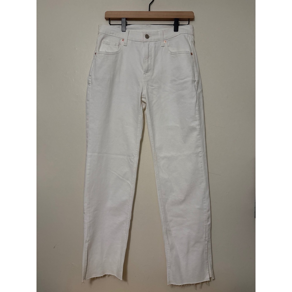 Gap 90s Loose Mid Rise White Straight Leg Jeans Raw Hem Side Slit Size 27 4R